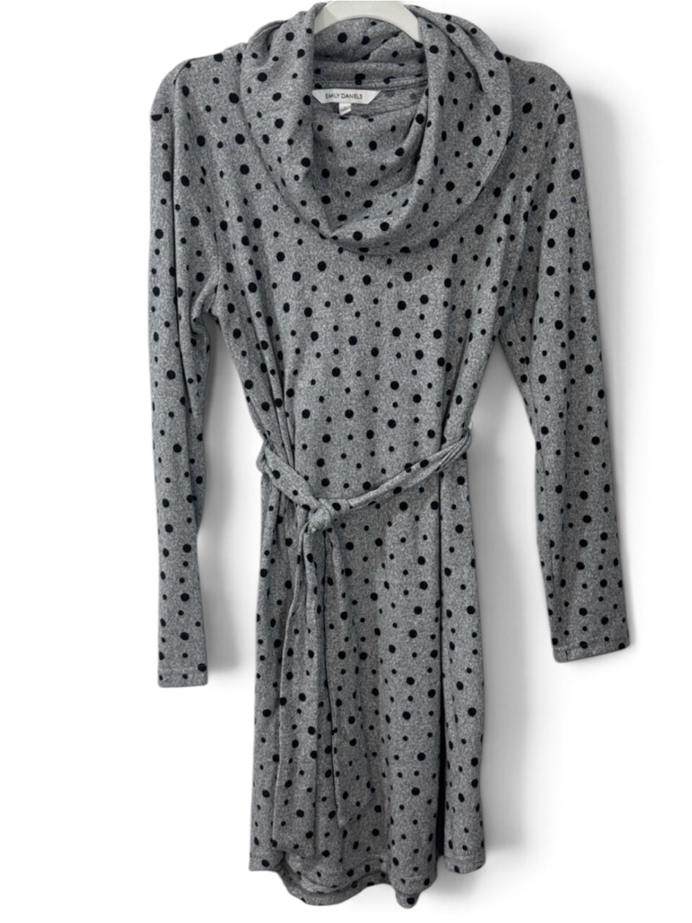 Size S, XL, 2XL Heather Grey w/ Black Polka Dot Cowl Neck Knit Dress w/ Belt